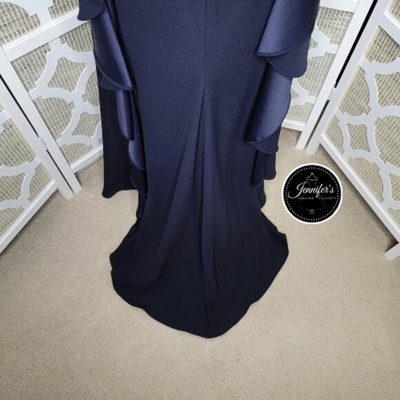 Vince Camuto Navy Blue Embellished Open Ruffle Back Crepe Gown Size 12 - Picture 8 of 16